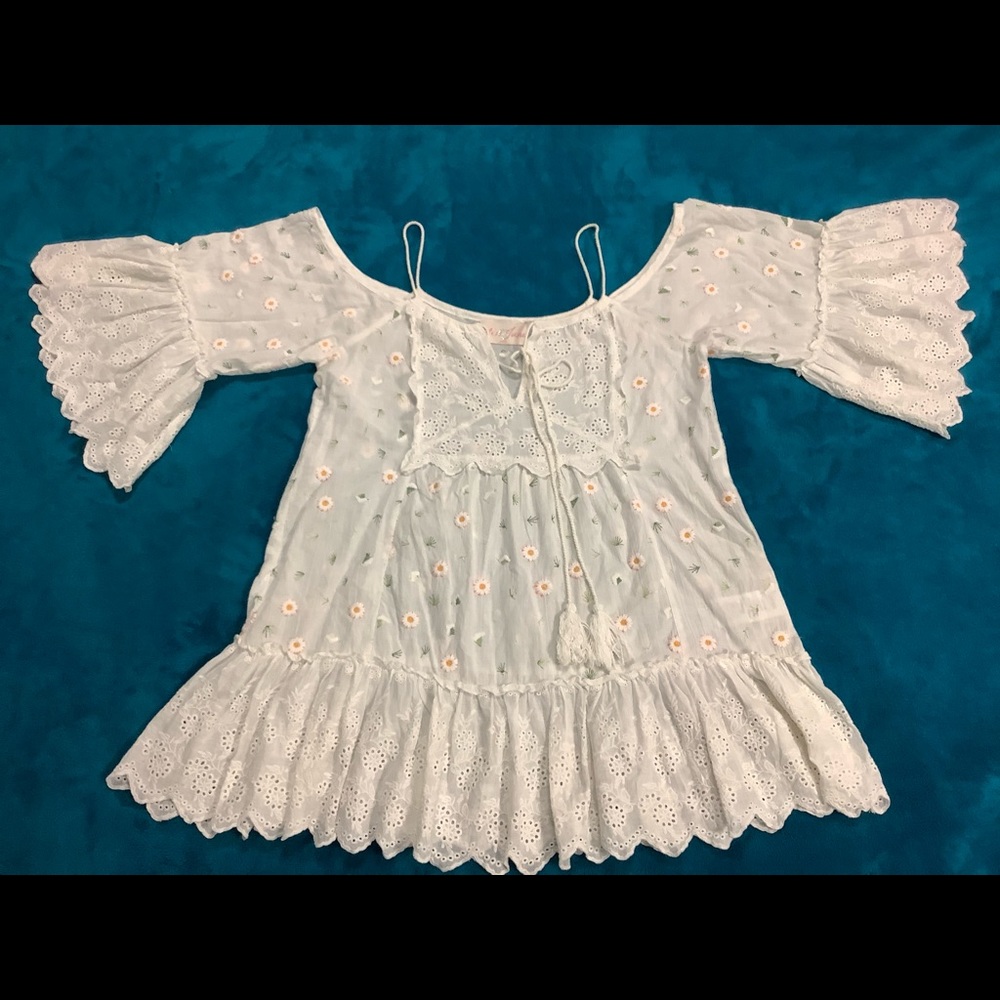 Miss June Paris Oversized Cotton Crochet Ruffles Flare Top